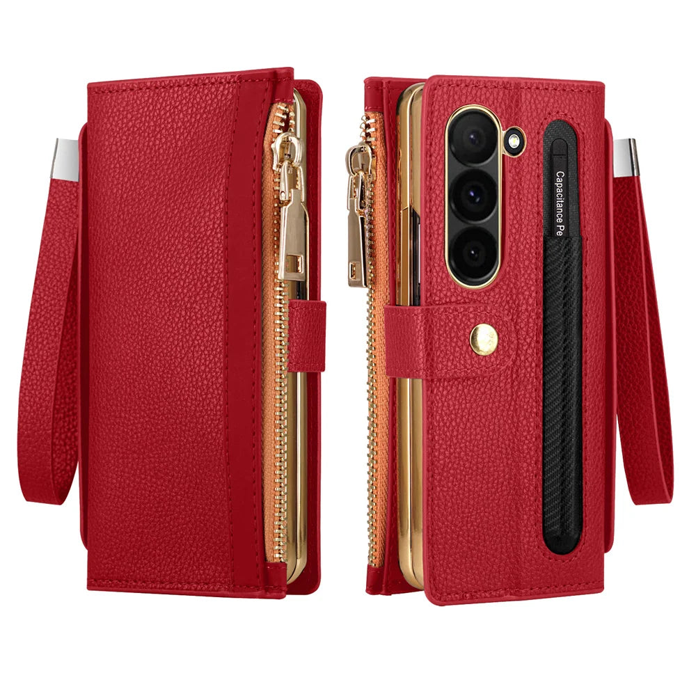 Leather Card Wallet With S Pen Solt Case For Samsung Galaxy Z Fold 6 5 4 3 2 ZFold6 Fold Multifunctional Zipper Protection Cover
