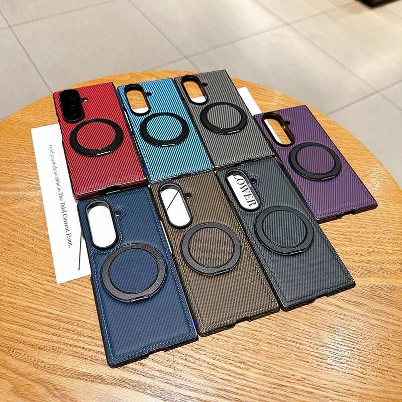 Auto Leather Phone Case for Samsung Galaxy Z Fold 7 Fold6 5 4 3 Magnetic Rotating Alloy Bracket Ring Carbon Fiber Pattern Cover