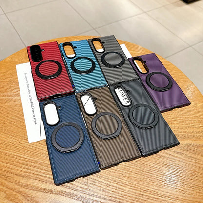 Auto Leather Phone Case for Samsung Galaxy Z Fold 7 Fold6 5 4 3 Magnetic Rotating Alloy Bracket Ring Carbon Fiber Pattern Cover