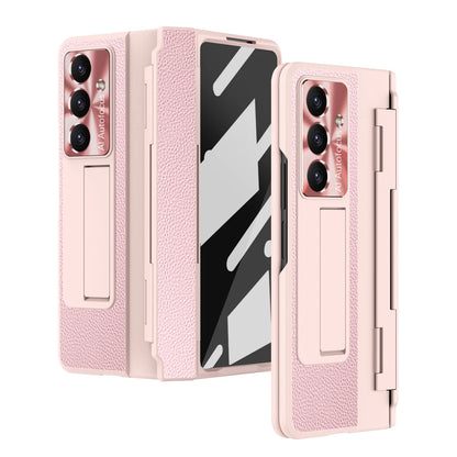 For Samsung Galaxy Z Fold 7 6 5 4 5G With Screen Protect Glass Film Luxury Leather One-Piece Plating Stand Hinge Shockproof Case