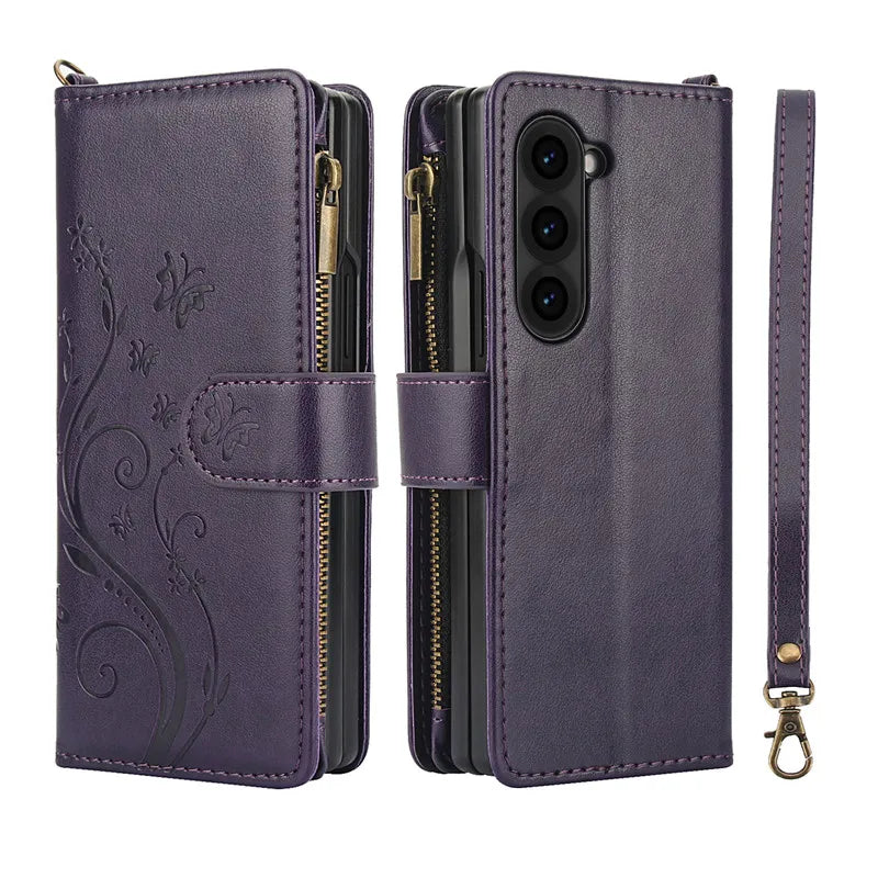 Lanyard Leather Zipper Wallet Multi Card Phone Case for Samsung Galaxy Z Fold 7 6 5 4 3 Fold6 Fold5 Fold4 Fold3 Flip Stand Cover