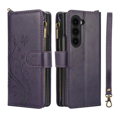 Lanyard Leather Zipper Wallet Multi Card Phone Case for Samsung Galaxy Z Fold 7 6 5 4 3 Fold6 Fold5 Fold4 Fold3 Flip Stand Cover