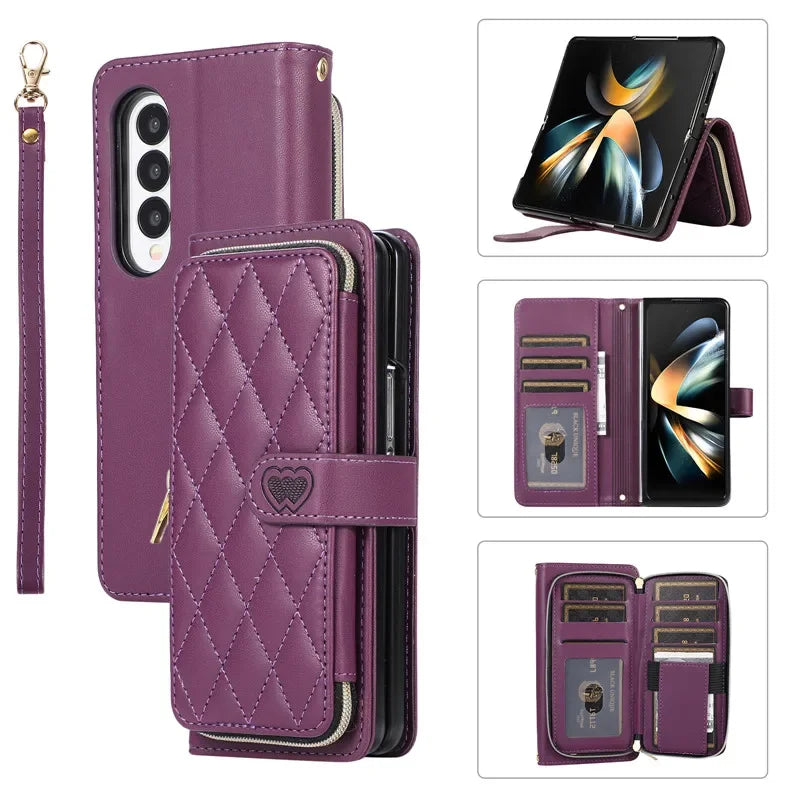 Crossbody Lanyard Zip Leather Wallet Card Phone Case for Samsung Galaxy Z Fold 7 6 5 4 3 Luxury Wrist Rope Flip Stand Cover Bag