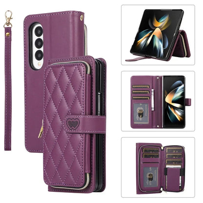 Crossbody Lanyard Zip Leather Wallet Card Phone Case for Samsung Galaxy Z Fold 7 6 5 4 3 Luxury Wrist Rope Flip Stand Cover Bag