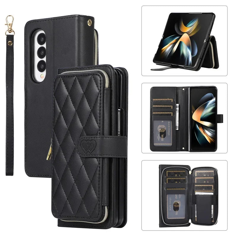 Crossbody Lanyard Zip Leather Wallet Card Phone Case for Samsung Galaxy Z Fold 7 6 5 4 3 Luxury Wrist Rope Flip Stand Cover Bag