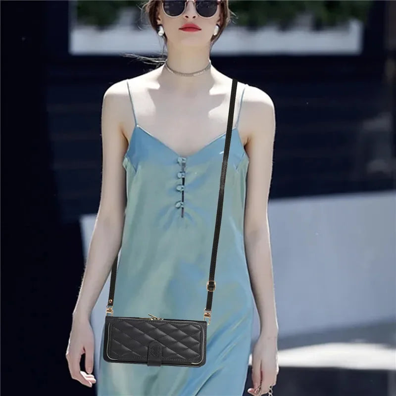 Crossbody Lanyard Zip Leather Wallet Card Phone Case for Samsung Galaxy Z Fold 7 6 5 4 3 Luxury Wrist Rope Flip Stand Cover Bag