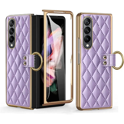 Leather Case with Ring Screen Protector for Samsung Galaxy Z, Fold 5, 6, 7 Z Fold 3, 4, Luxury Phone Case, Plating, Woman, Girl