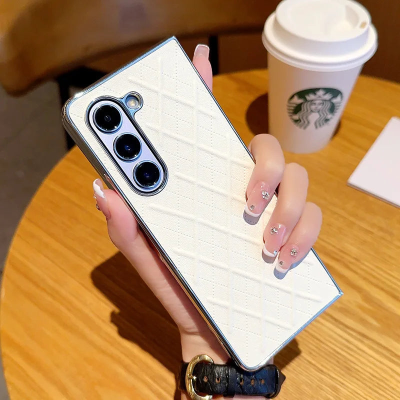 Phone Case for Samsung Galaxy Z Fold 7 6 5 4 Z Electroplated Diamond Grid Pattern PU Leather Luxury Hard Cover