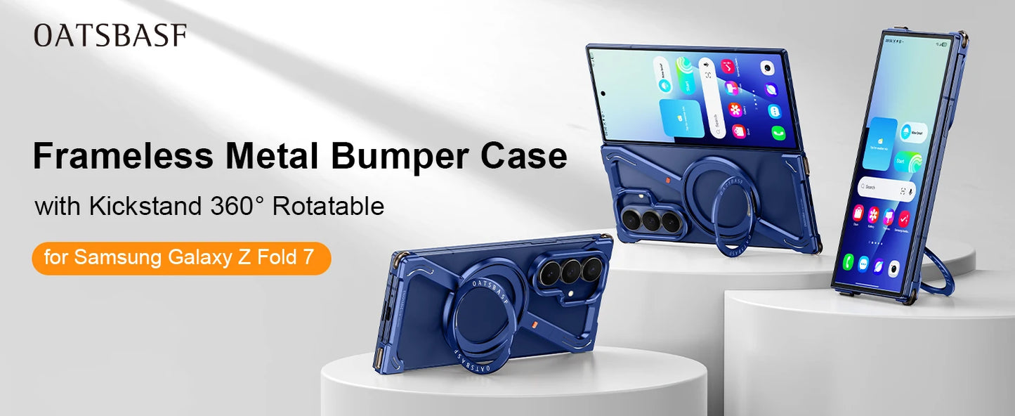 Oatsbasf Z Case for Samsung Galaxy Z Fold 7 Bumper Case with 360° Rotatable Magnetic Metal Kickstand,Frameless Minimalist Cover