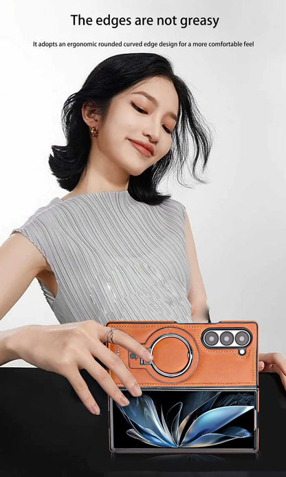 Electroplated Leather  Phone Case for Samsung Galaxy Z Fold 7 ZFold 6 5 4 3 Bracket Magnetic Wireless Charging Protective Cover