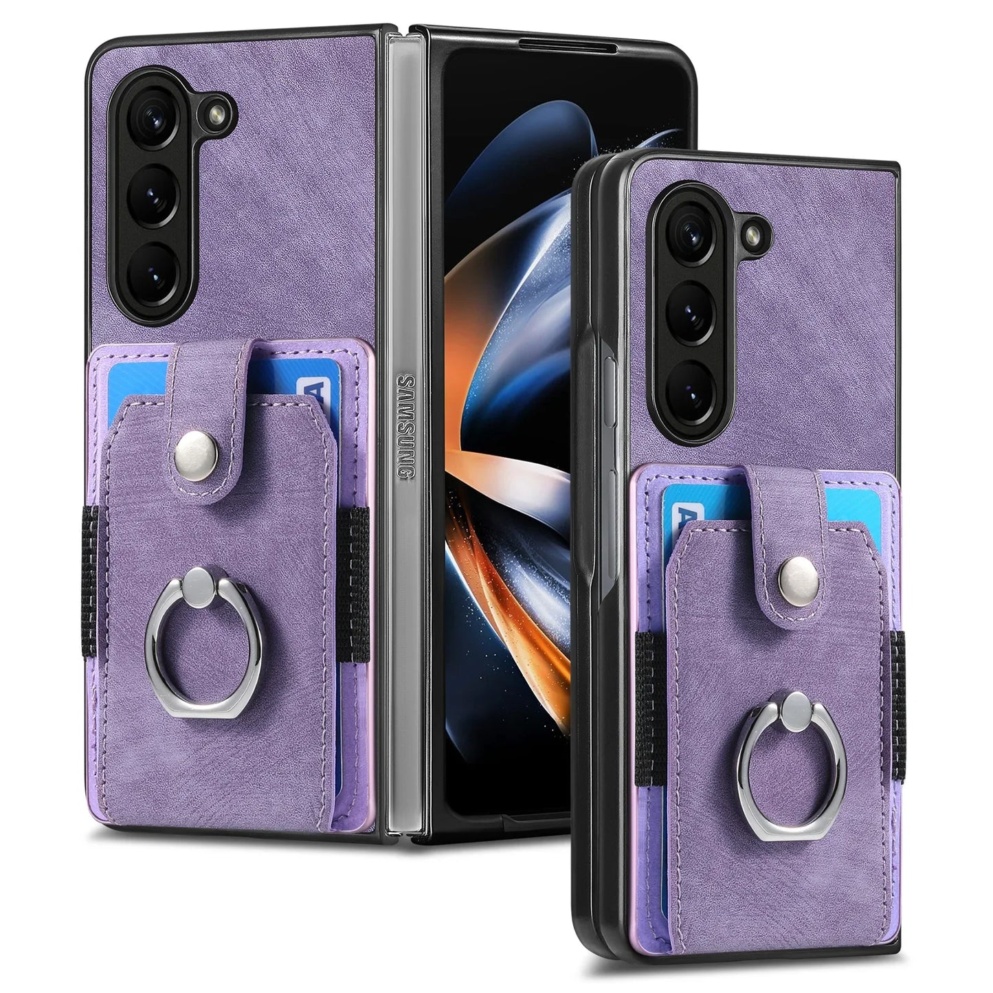 Z Fold 7 Retro Pu Leather Phone Case for Samsung Galaxy Z Fold 6 5 4 3 Magnetic Hardware Ring&buckle Card Slot Bag Bracket Cover
