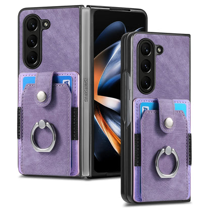Z Fold 7 Retro Pu Leather Phone Case for Samsung Galaxy Z Fold 6 5 4 3 Magnetic Hardware Ring&buckle Card Slot Bag Bracket Cover