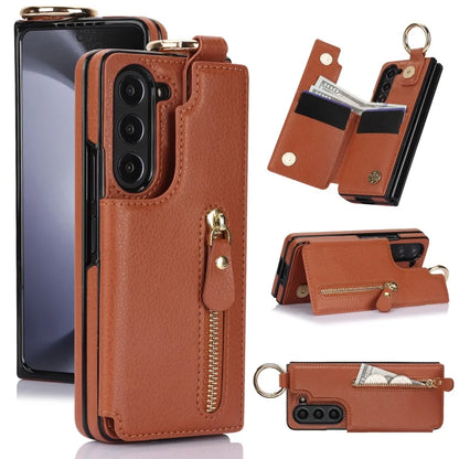 Ring Leather Zipper Wallet Card Slot Phone Case for Samsung Galaxy Z Fold 7 6 5 4 3 Shock Proof Flip Purse Holder Cover Hoesje