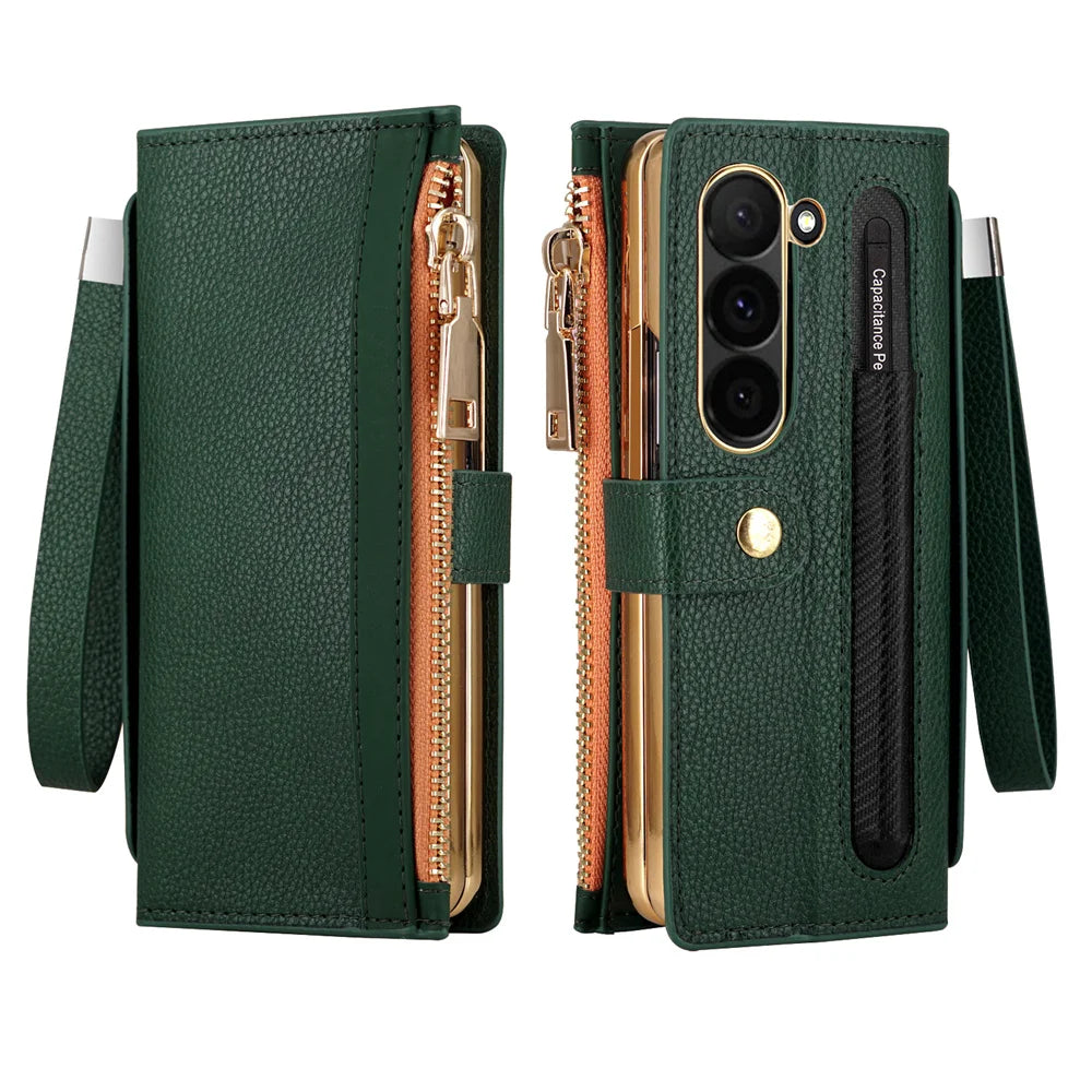 Leather Card Wallet With S Pen Solt Case For Samsung Galaxy Z Fold 6 5 4 3 2 ZFold6 Fold Multifunctional Zipper Protection Cover