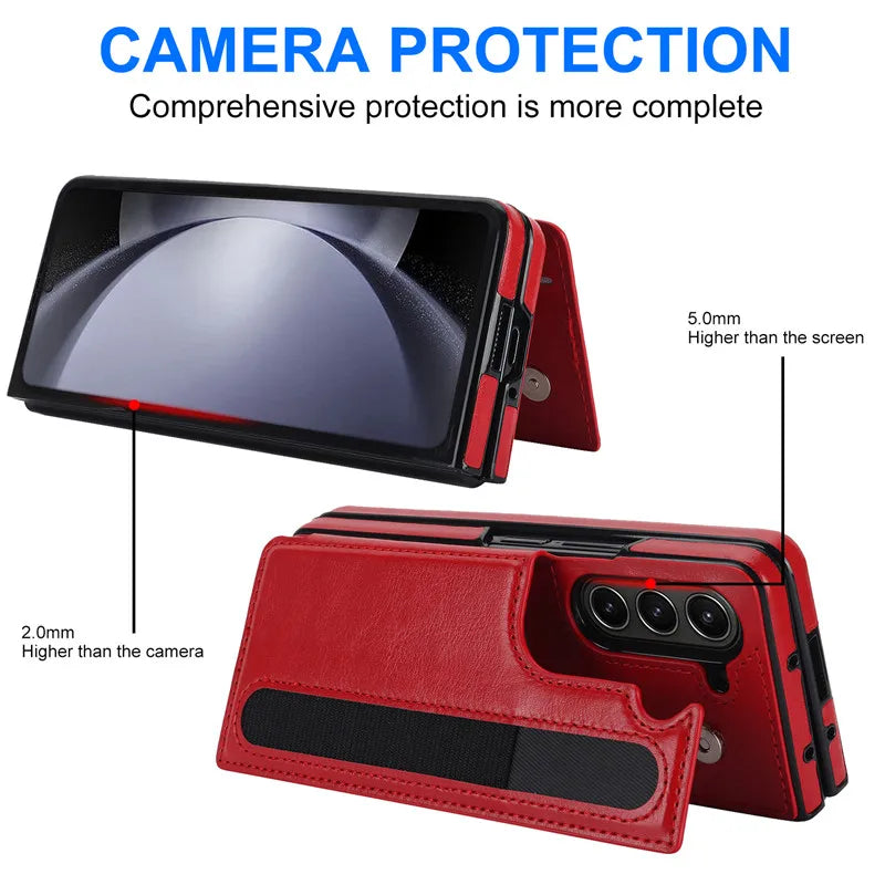 Pen Slot Leather Wallet Card Phone Case for Samsung Galaxy Z Fold 7 6 5 4 3 Fold6 Fold5 Fold4 Fold3 Retor Flip Stand Cover Etui