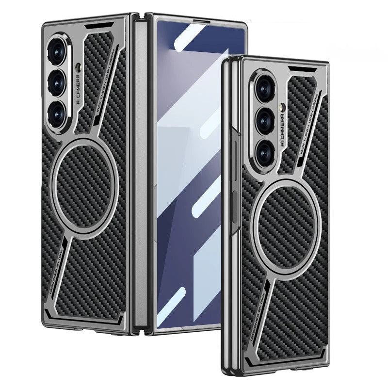 Electroplating Magnetic Wireless Charging Phone Case for Samsung Galaxy Z Fold 7 Zfold 6 Z Shaped Plain Leather Thin Hard Cover