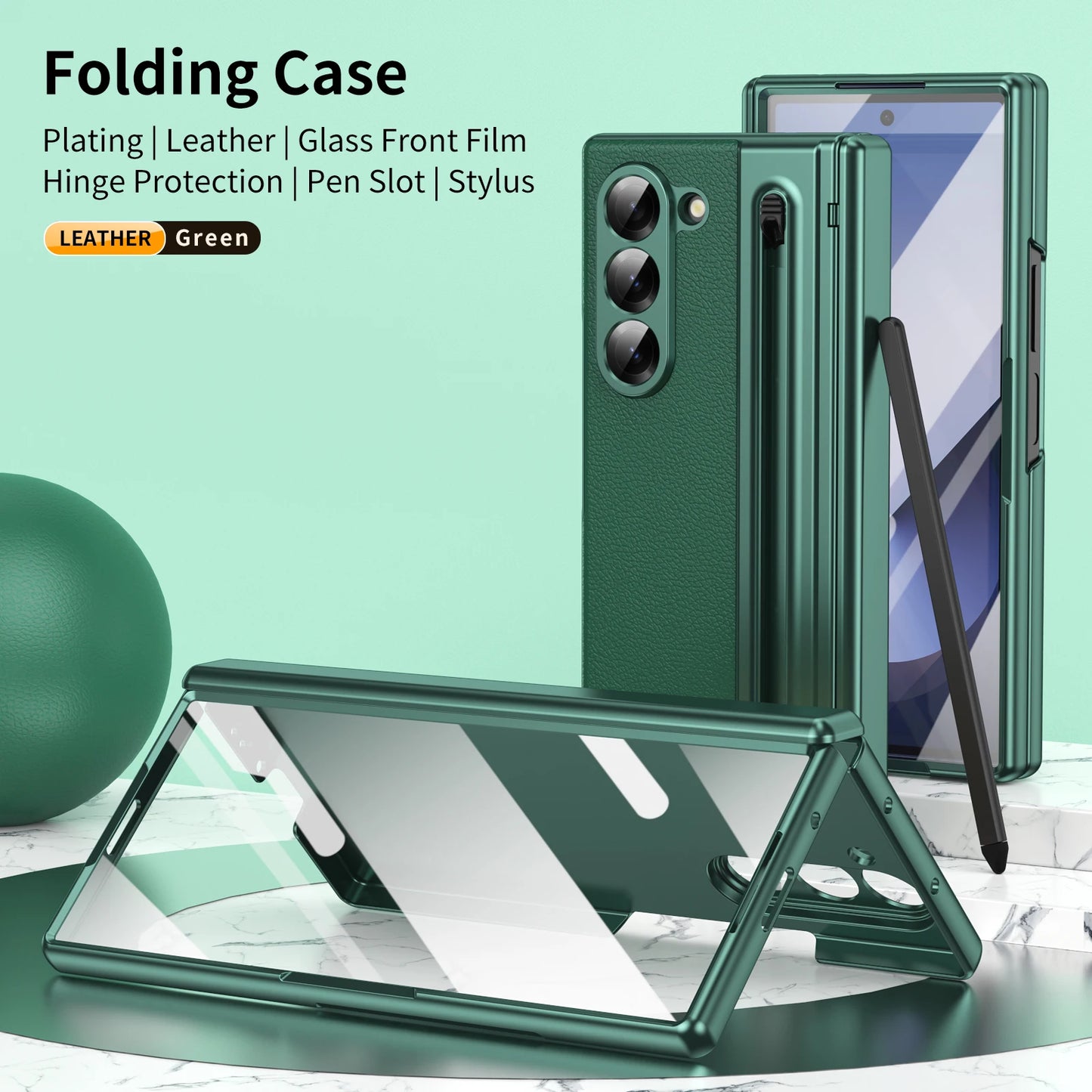 VIETAO For Samsung Galaxy Z Fold 7 Leather Phone Case With Hinge Protection, Z Fold 6 Case With Front Screen Film Protector+Pen