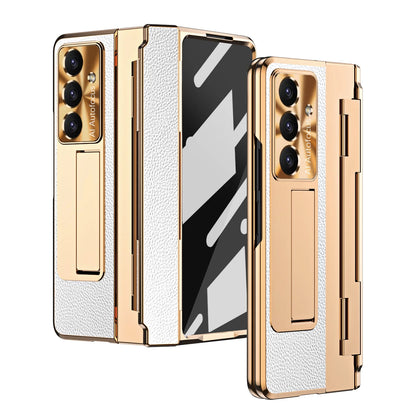 For Samsung Galaxy Z Fold 7 6 5 4 5G With Screen Protect Glass Film Luxury Leather One-Piece Plating Stand Hinge Shockproof Case
