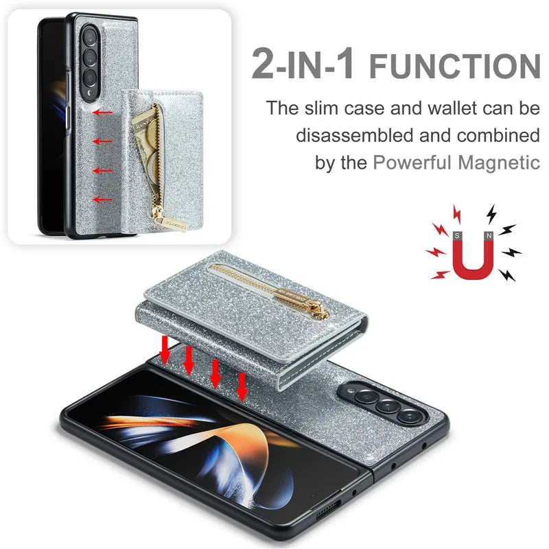 Glitter Magnetic Leather Zip Wallet Phone Case For Samsung Galaxy Z Fold 5 4 3