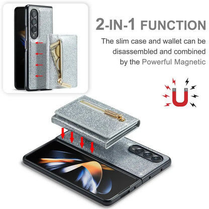 Glitter Magnetic Leather Zip Wallet Phone Case For Samsung Galaxy Z Fold 5 4 3