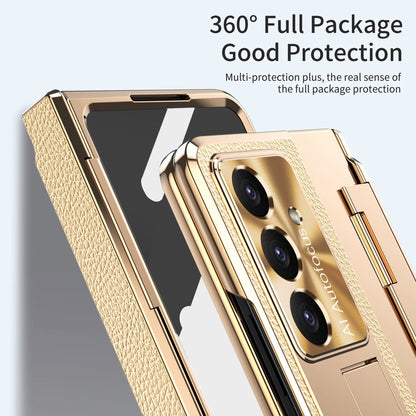 For Samsung Galaxy Z Fold 7 6 5 4 5G With Screen Protect Glass Film Luxury Leather One-Piece Plating Stand Hinge Shockproof Case