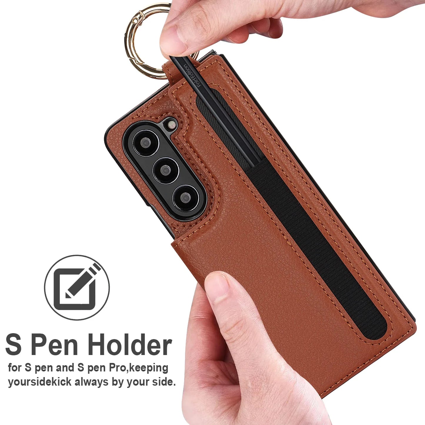 Fold7 Ring&Pen Slot Pu Leather Phone Case for Samsung Galaxy Z Fold 7 6 5 4 3 Metal Double Buckle Flip Card Holder Wallet Cover