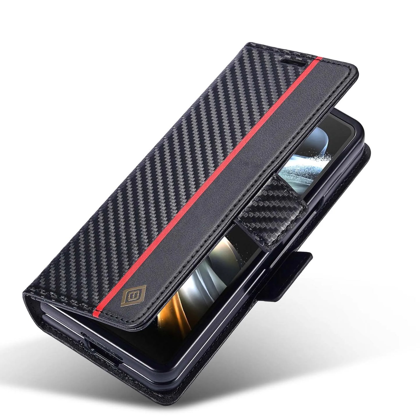 ZFold 7 Carbon Fiber Texture Phone Case for Samsung Galaxy Z Fold 7 6 5 4 3 W23 W22 5G Buckle Pu Leather Card Slot Holder Wallet