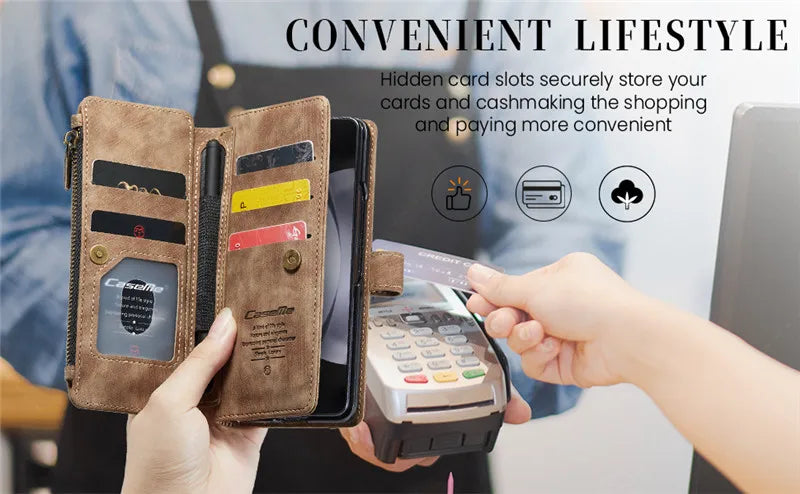 Luxury Lanyard Leather Zipper Wallet Card Phone Case For Samsung Galaxy Z Fold 7 6 5 4 Fold6 Fold5 Fold4 Purse Flip Stand Cover
