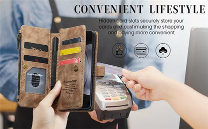 Luxury Lanyard Leather Zipper Wallet Card Phone Case For Samsung Galaxy Z Fold 7 6 5 4 Fold6 Fold5 Fold4 Purse Flip Stand Cover