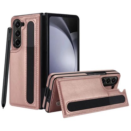 Pen Slot Leather Wallet Card Phone Case for Samsung Galaxy Z Fold 7 6 5 4 3 Fold6 Fold5 Fold4 Fold3 Retor Flip Stand Cover Etui