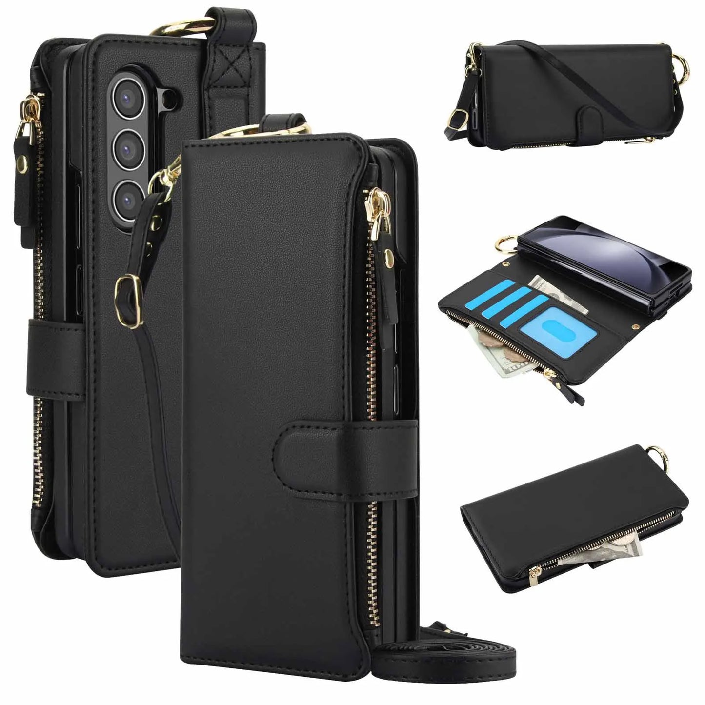 ZFold 7 Pu Leather Crossbody Phone Case for Samsung Galaxy Z Fold 7 6 5 4 3 Ring&Wrist Strap&Long Rope&Zipper Card Wallet Cover
