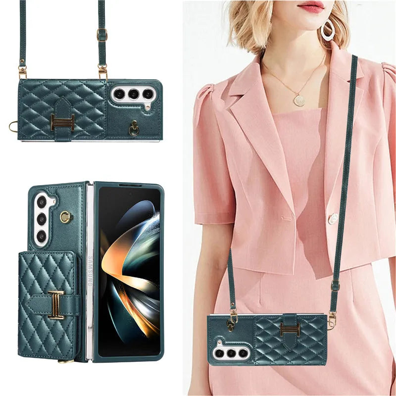 Crossbody Lanyard Leather Wallet Card Phone Case for Samsung Galaxy Z Fold 7 6 5 4 3 Fold6 Fold5 Fold4 Fold3 Wrist Rope Cover