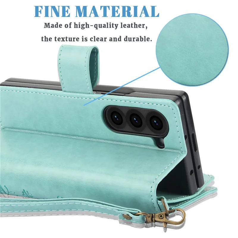 Lanyard Leather Zipper Wallet Multi Card Phone Case for Samsung Galaxy Z Fold 7 6 5 4 3 Fold6 Fold5 Fold4 Fold3 Flip Stand Cover