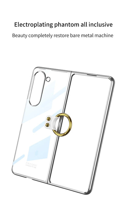 Luxury Plating HD Transparent Case for Samsung Galaxy Z Fold 6 5 5G Case with Ring Metal Ring Clear Shockproof Shell Case