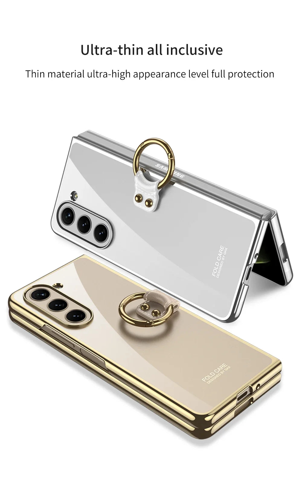 Luxury Plating HD Transparent Case for Samsung Galaxy Z Fold 6 5 5G Case with Ring Metal Ring Clear Shockproof Shell Case