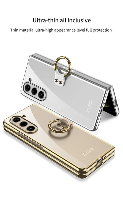 Luxury Plating HD Transparent Case for Samsung Galaxy Z Fold 6 5 5G Case with Ring Metal Ring Clear Shockproof Shell Case