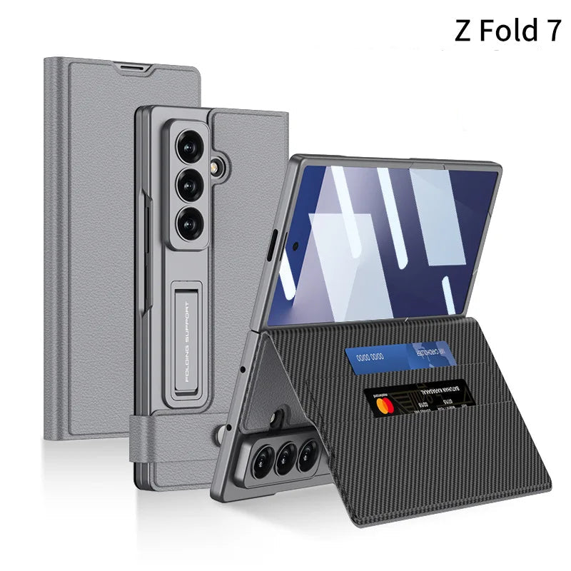 Fold7 Film+Phone Case for Samsung Galaxy Z Fold 7 Card Holder Magnetic Buckle Wallet Flip Wireless Charging Stand Leather Cover