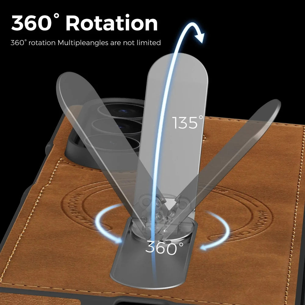 Fold 7 Strong Magnetic Phone Case for Samsung Galaxy Z Fold 7 6 5 4 3 Wireless Charging Metal Rotating Bracket Pu Leather Cover