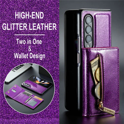 Glitter Magnetic Leather Zip Wallet Phone Case For Samsung Galaxy Z Fold 5 4 3