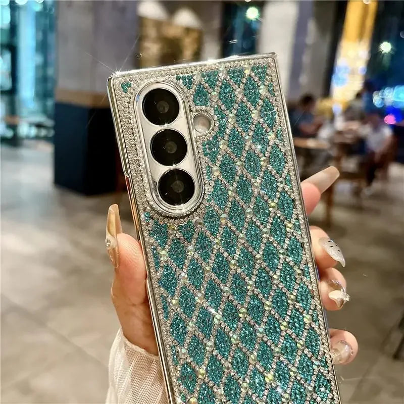 Glitter Bling Plaid Diamond Phone Case For Samsung Galaxy Z Fold 7 Fold6 ZFold 5 4 Luxury Rhinestone High-end Plating Hard Cover