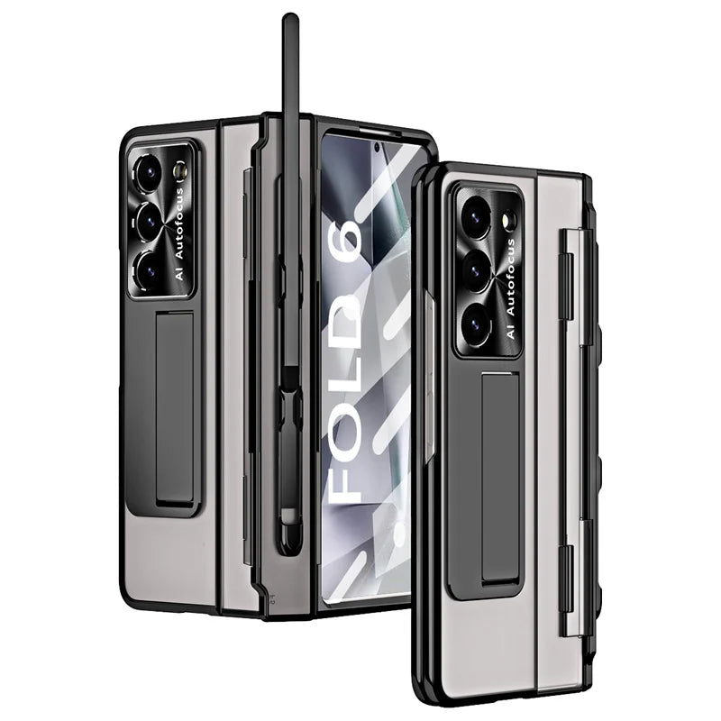 For Samsung Z Fold 5 6 Folding Armor Phantom Stand Phone Case or Samsung Z Fold 3 4 Pen Slot with Tempered Film Protective Cover
