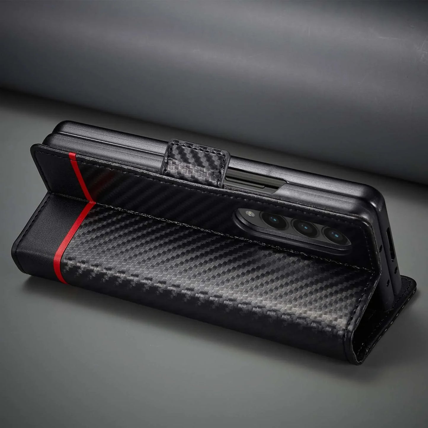 ZFold 7 Carbon Fiber Texture Phone Case for Samsung Galaxy Z Fold 7 6 5 4 3 W23 W22 5G Buckle Pu Leather Card Slot Holder Wallet