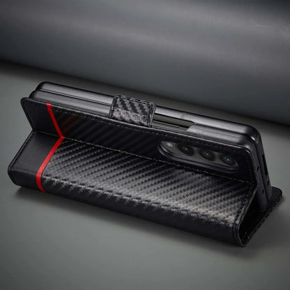 ZFold 7 Carbon Fiber Texture Phone Case for Samsung Galaxy Z Fold 7 6 5 4 3 W23 W22 5G Buckle Pu Leather Card Slot Holder Wallet