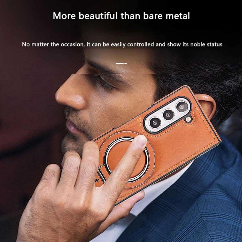 Electroplated Leather  Phone Case for Samsung Galaxy Z Fold 7 ZFold 6 5 4 3 Bracket Magnetic Wireless Charging Protective Cover