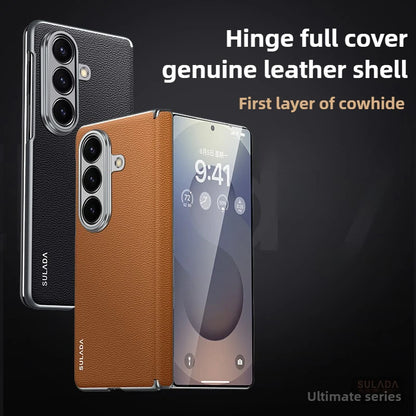 First Layer Cowhide Leather Phone Case for Samsung Galaxy Z Fold 7 Fold7 Metal Lens Protection Magnetic Attraction Hard Cover