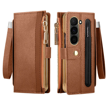 Leather Card Wallet With S Pen Solt Case For Samsung Galaxy Z Fold 6 5 4 3 2 ZFold6 Fold Multifunctional Zipper Protection Cover