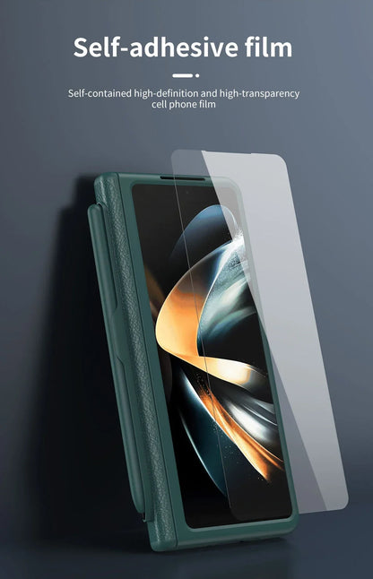 With Touch Pen Case For Samsung Galaxy Z Fold 5 Leather Hinge Fold 6 4 3 Screen Protector Tempered Film Folding Kickstand Cover