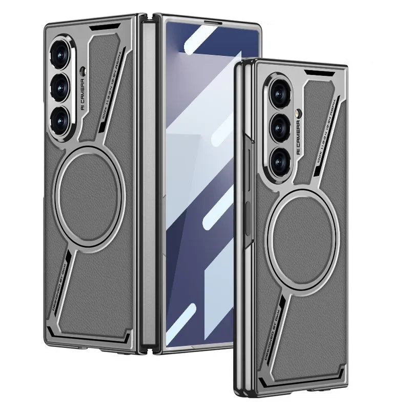 Electroplating Magnetic Wireless Charging Phone Case for Samsung Galaxy Z Fold 7 Zfold 6 Z Shaped Plain Leather Thin Hard Cover