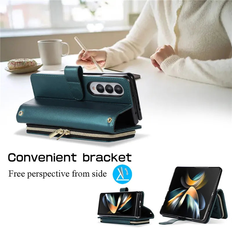 Crossbody Lanyard Zip Leather Wallet Card Phone Case for Samsung Galaxy Z Fold 7 6 5 4 3 Luxury Wrist Rope Flip Stand Cover Bag