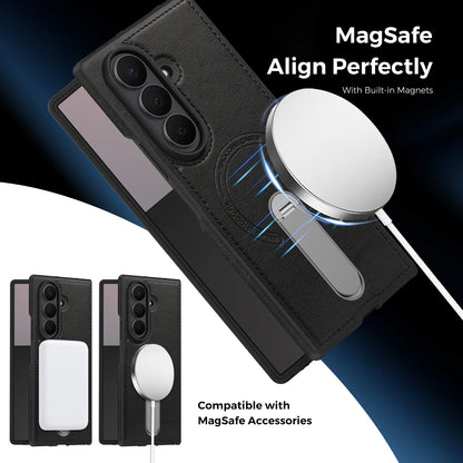 Fold 7 Strong Magnetic Phone Case for Samsung Galaxy Z Fold 7 6 5 4 3 Wireless Charging Metal Rotating Bracket Pu Leather Cover